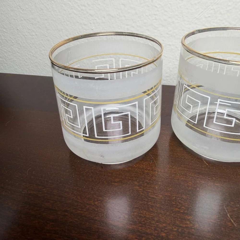 Vintage Frosted Greek Key Rocks Glasses Gold Rim MCM Lowball Set of 3 White Gold